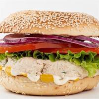 Tuna Salad Bagel Sandwich · Albacore tuna salad made fresh daily. Comes with lettuce, tomato, onion, pickles, mayo and m...
