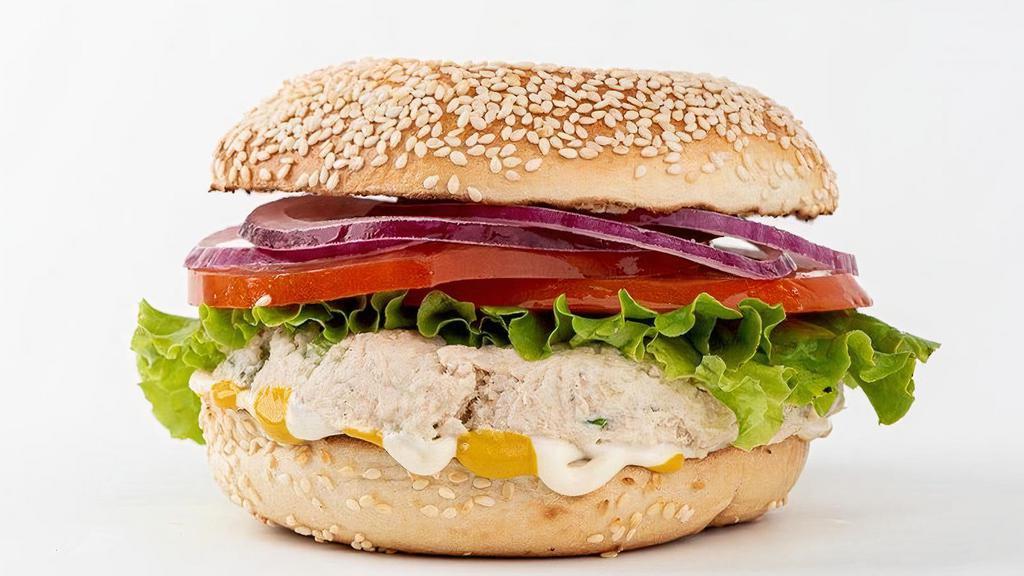 Tuna Salad Bagel Sandwich · Albacore tuna salad made fresh daily. Comes with lettuce, tomato, onion, pickles, mayo and mustard.