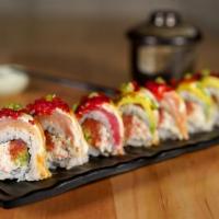 Foxtail · Crab Mix, Spicy Tuna, Cucumber, Topped with Tuna, Albacore, Avocado, Garlic Mayo Torched, Ha...