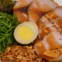 Teriyaki Pork Chashu Bowl · White Rice, Roasted Pork Chashu, Seaweed, Fried Onion, Green Onion, Cooked Egg, Teriyaki Sau...