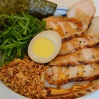 Teriyaki Chicken Chashu Rice Bowl · White Rice, Chicken Chashu, Seaweed, Fried Onion, Green Onion, Cooked Egg, Teriyaki Sauce.