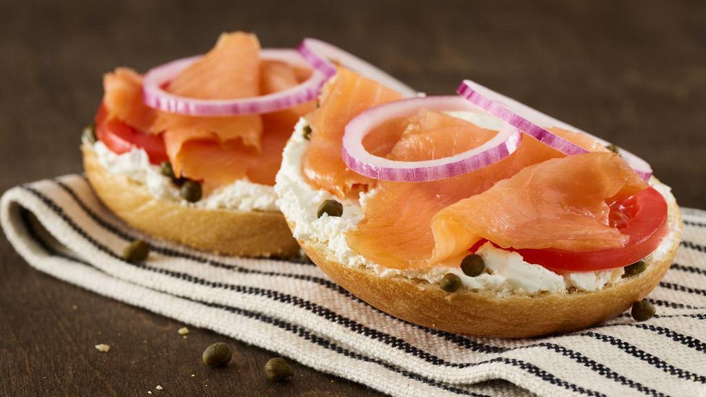 Nova Lox · Choice of bagel with shmear, red onion, capers, tomato and cold-smoked Nova Lox salmon.