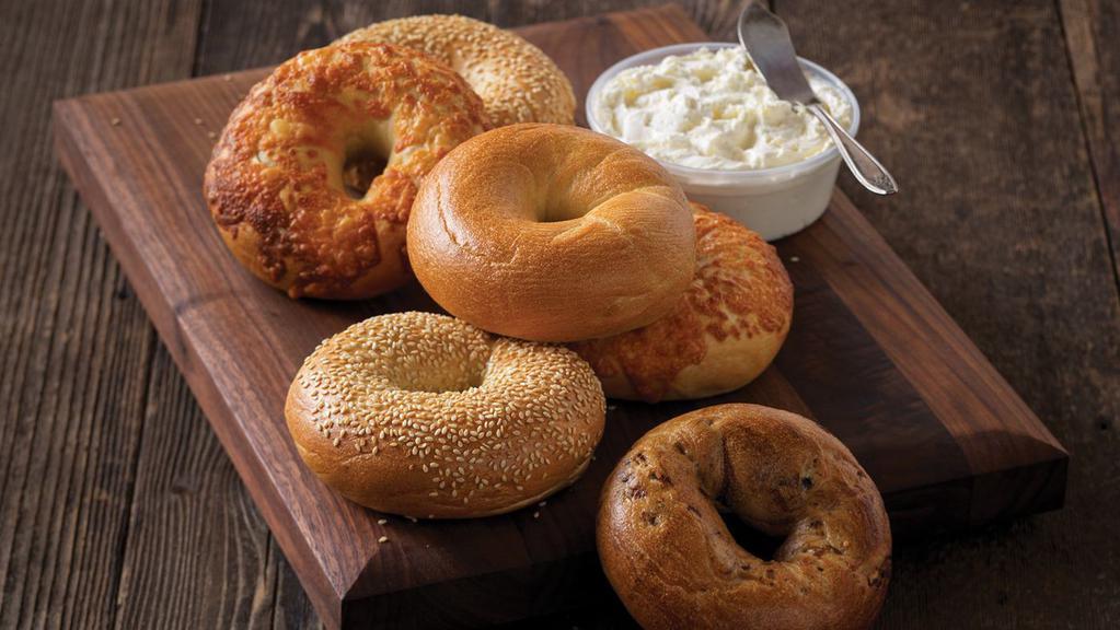 Half Dozen Bagel Box · Our Half Dozen Bagel Box comes with an assortment of 1 Plain, 1 Cinnamon Raisin, 1 Chocolate Chip, 1 Blueberry, 1 Sesame and 1 Asiago bagel with 1 tub of Plain double whipped shmear.