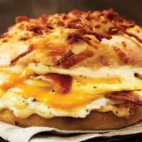 All-Nighter Egg Sandwich · Cheesy Hash Brown gourmet bagel with American cheese, bacon, eggs and a chipotle mayo .