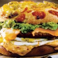Chorizo Sunrise Egg Sandwich · Green Chile Gourmet Bagel with chorizo sausage, avocado, cheddar cheese, cage-free eggs and ...