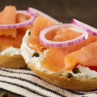 Nova Lox Deli Lunch · Choice of bagel with shmear, red onion, capers, tomato and cold-smoked Nova Lox salmon.