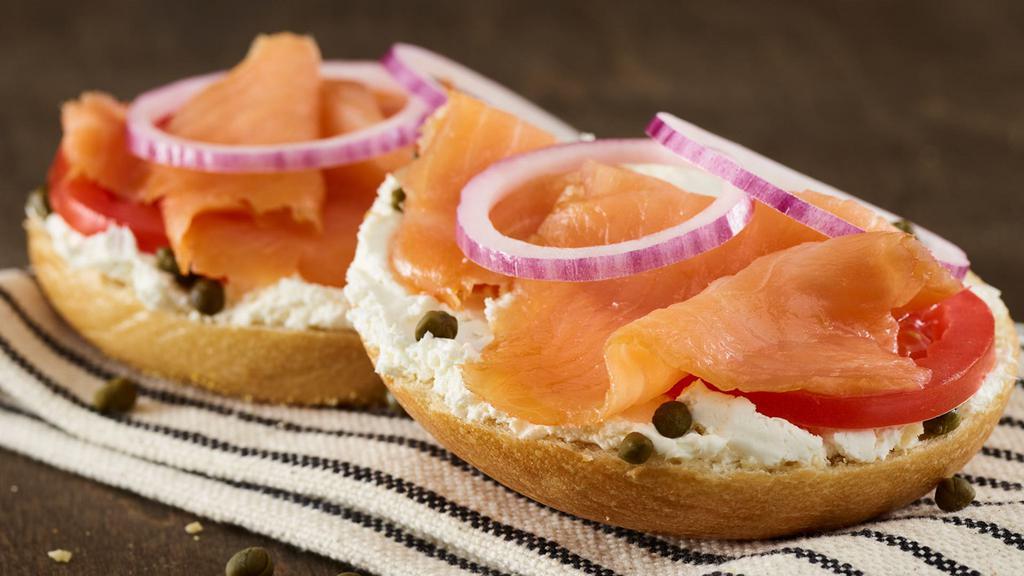 Nova Lox Deli Lunch · Choice of bagel with shmear, red onion, capers, tomato and cold-smoked Nova Lox salmon.