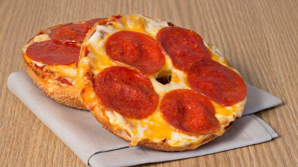 Pizza Bagel (Pepperoni) · Choice of bagel with pizza sauce and topped with melted asiago, parmesan, romano, mozzarella, provolone and cheddar cheese.
