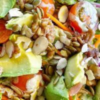 Proper Chopped Chicken · avocado, mixed nuts, onion, carrots, tomato cucumber, dried fruit, cheese