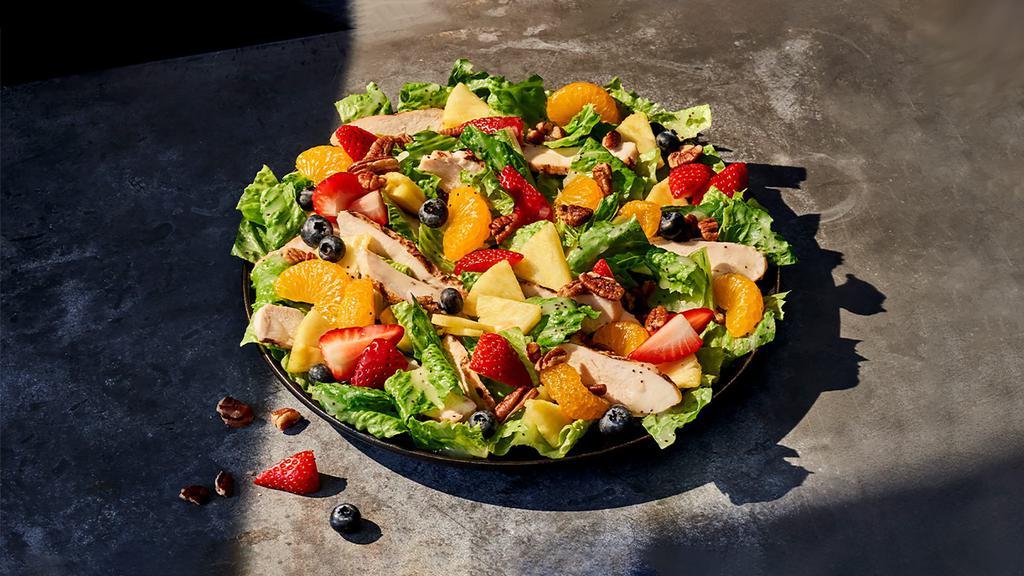 Strawberry Poppyseed Salad With Chicken · Whole (340 Cal.), Half (170 Cal.) Chicken raised without antibiotics, romaine, mandarin oranges and fresh strawberries, blueberries and pineapple tossed in poppyseed dressing and topped with toasted pecan pieces. Allergens: Contains Tree Nuts