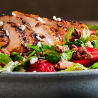 New!  Strawberry Salad · Wild arugula and crisp romaine lettuce with fresh strawberries, cinnamon pecans and goat che...