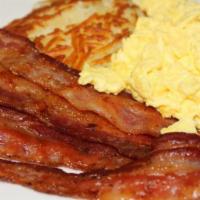 Bacon & Eggs · Four bacon with two eggs, hashbrowns or country potatoes and toast or biscuit.