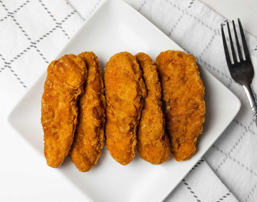Chicken Strips · Crispy strips of tender chicken breast cooked to a golden brown. Served with tangy BBQ sauce and ranch.