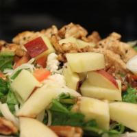 Apple Pecan Chicken Salad · Blacken chicken, mixed greens, cranberries, caramelized pecans, jack and feta cheese, diced ...