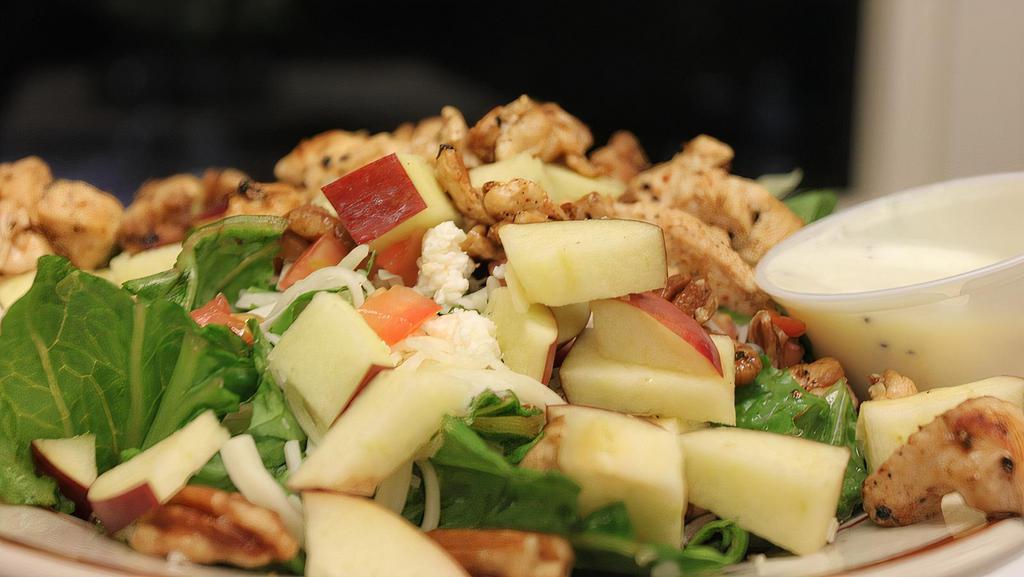 Apple Pecan Chicken Salad · Blacken chicken, mixed greens, cranberries, caramelized pecans, jack and feta cheese, diced fresh apples. Served with sesame balsamic dressing.