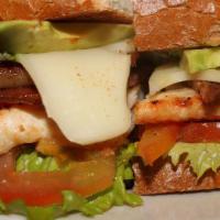 Chicken Bacon Avocado Sandwich · Grilled chicken with bacon, avocado, lettuce tomato, mayo Jack and cheddar cheese on a Frenc...