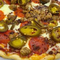 Smoking Inferno (Medium 6 Slices) · Jalapeños, homemade meatballs, pepperoni, Italian sausage.