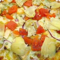 Garlic Chicken Pesto (Large 8 Slices) · Chicken, artichoke hearts, red onions, tomatoes, homemade pesto sauce.