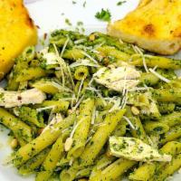 Best O’Pesto Pasta · Our homemade garlicky pesto sauce partnered with grilled chicken, toasted pine nuts, fresh P...