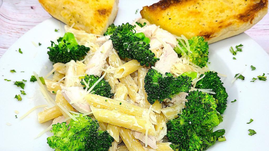 Chicken & Broccoli Pasta · Chicken or blackened chicken, penne pasta and broccoli make up this delightful trio. Tossed in our Alfredo sauce.