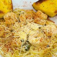 Navy Pier Scampi · Succulent sautéed shrimp mixed with linguini noodles, fresh parsley, capers, and imported Pa...