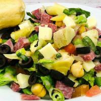 Italian Chopped Salad (Regular) · Romaine lettuce, tomatoes, green peppers, provolone cheese, black olives, marinated artichok...