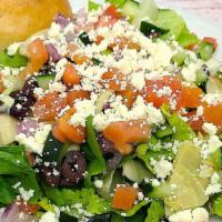 Greek Chopped Salad (Large) · Romaine, kalamata olives, feta cheese, artichoke hearts, red onions, tomatoes and cucumbers ...