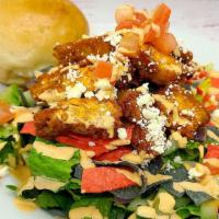 Buffalo Chicken Salad (Large) · Romaine lettuce, feta cheese crumbles, cucumbers, red onions, tortilla strips, Roma tomatoes...