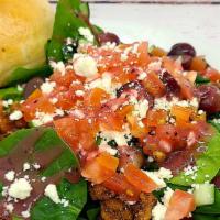 The Fetalicious (Large) · Fresh baby spinach, feta cheese, candied walnuts, cucumbers, sliced red grapes and Roma toma...