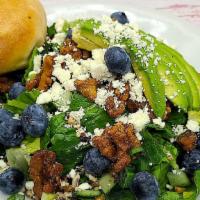 Blueberry Quinoa Salad(Lg) · 5 Way Quinoa Blend, romaine lettuce, blueberries, avocado, cucumbers, crumbled feta cheese, ...