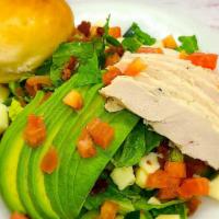California Club Salad (Regular) · Romaine lettuce, bacon, cucumbers, green onions, provolone cheese, chicken, avocado, tomatoe...