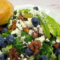 Blueberry Quinoa Salad(Regular) · 5 Way Quinoa Blend, romaine lettuce, blueberries, avocado, cucumbers, crumbled feta cheese, ...