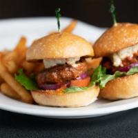 Blue Buffalo Sliders · House-made blue cheese spread, frank's red hot sauce, lettuce, tomato, pickle, onion, thousa...