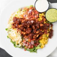 Bbq Chicken Salad · House-made Bbq sauce, grilled or crispy chicken, romaine lettuce, corn, salsa fresca, house-...