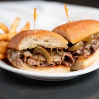 Tri Tip Philly · Thinly sliced tri tip, sautéed bell pepper and onion, steak roll, choice of cheese and mayo.