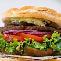 Impossible Vegan Burger · impossible patty, vegan white cheddar cheese, arugula, tomato, red onion, tofu mayo, pickles...