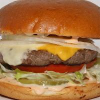 #8 Kobe Burger · Kobe Patty, American & Swiss Cheese, HM Thousand Island, Pickles, Lettuce, Tomato, Onion.
