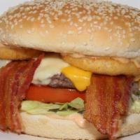 #3 Boss Burger · 4oz Angus Patty, American & Swiss Cheese, HM Thousand Island, Pickles, Lettuce, Tomato, Onio...