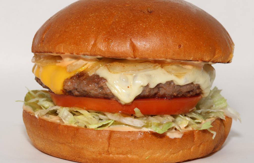 #13 Chef Burger · 5.5oz House-Made Fresh Ground Beef, American & Swiss Cheese, HM Thousand Island, Pickles, Lettuce, Tomato, Grilled Onion.