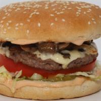#12 Mushroom Burger · 4oz Angus Patty & Mushroom, Swiss Cheese, HM Thousand Island, Pickles, Lettuce, Tomato, Gril...