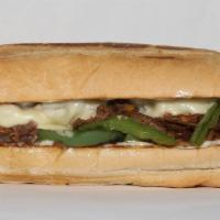 Philly Cheesesteak Sandwich · Philadelphia Style Beef, Green Bell Pepper, Mushroom, Grilled Onion, Swiss Cheese, Mayo.