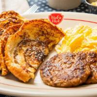Cinnamon Roll French Toast Combo · Cinnamon roll French toast with two eggs and your choice of bacon or sausage patties or links.
