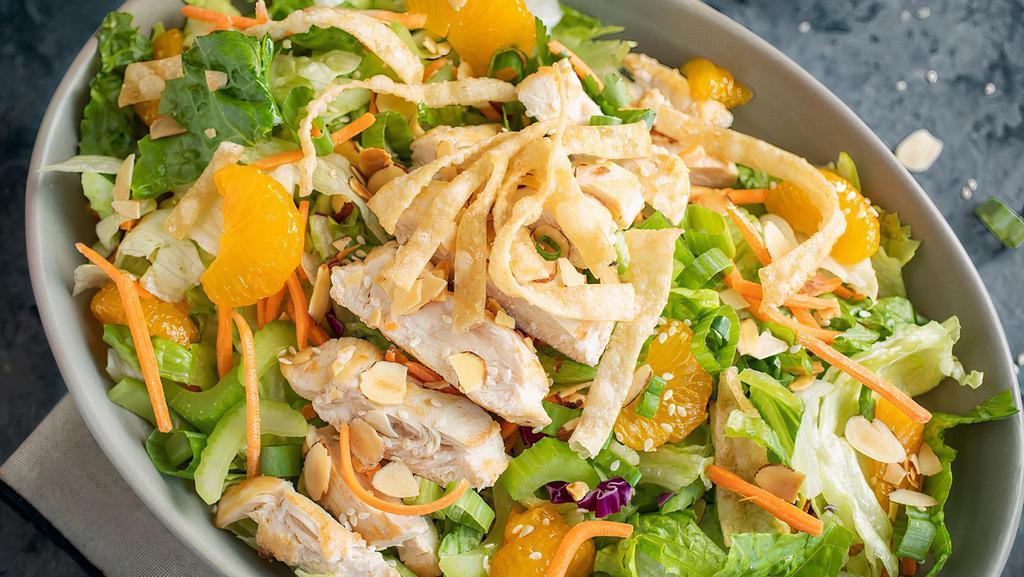 Thai Chicken Salad · Chicken breast, greens, celery, red cabbage, carrots, onions, sesame seeds, almonds, mandarin oranges, wontons, and spicy Thai peanut dressing.