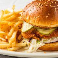 Fried Chicken Sandwich · House-breaded and fried chicken breast, pickles, coleslaw and spicy mayo on a sesame brioche...
