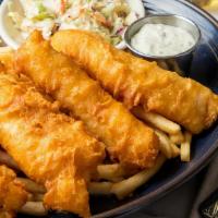 Beer-Battered Fish & Chips · Hof’s Hut signature item. Thick cod fillets dipped in beer batter and fried. Served with fre...