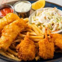 Fish, Shrimp & Chips · Beer battered cod and fried shrimp over french fries. Served with cole slaw, tartar and cock...
