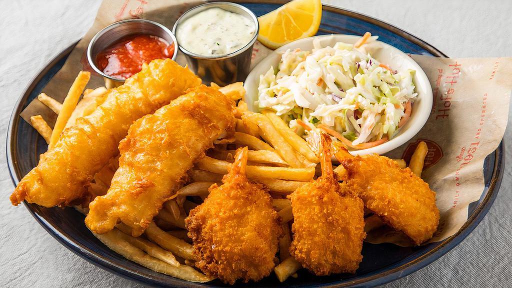 Fish, Shrimp & Chips · Beer battered cod and fried shrimp over french fries. Served with cole slaw, tartar and cocktail sauces.