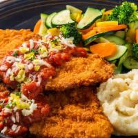 Chicken Parmesan · Breaded and fried chicken breast with tomato sauce, mozzarella, pepperoncini, parmesan chees...