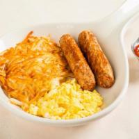 Scrambled Egg, Bacon Or Sausage · One egg, two strips of bacon or two sausage links and toast or hash browns