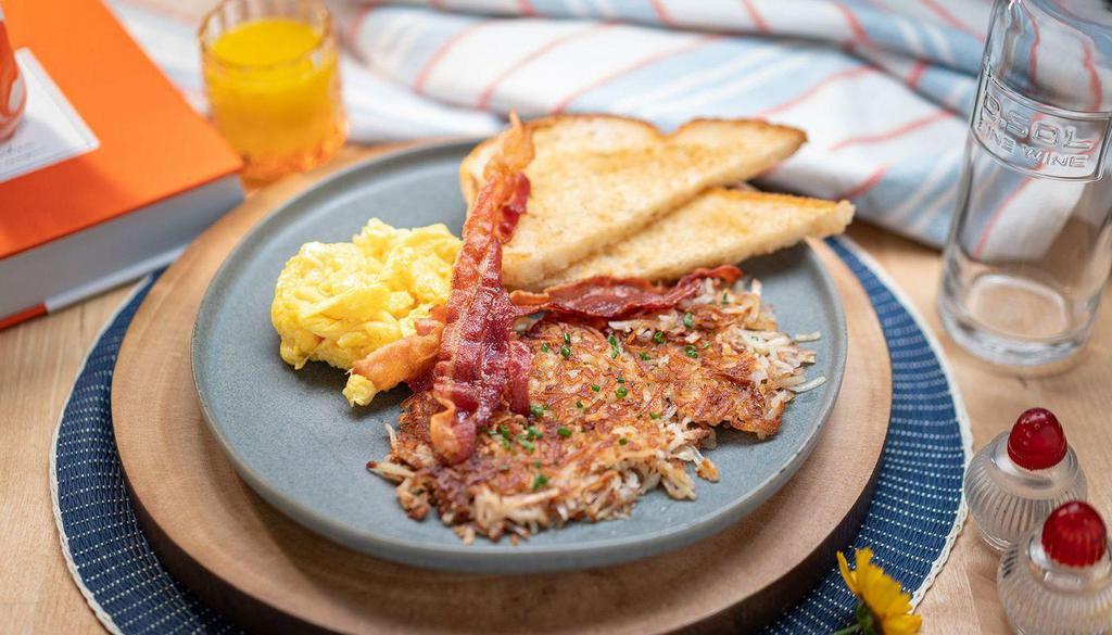 Classic Breakfast Plate · 2 eggs, hash browns, bacon or sausage, toast